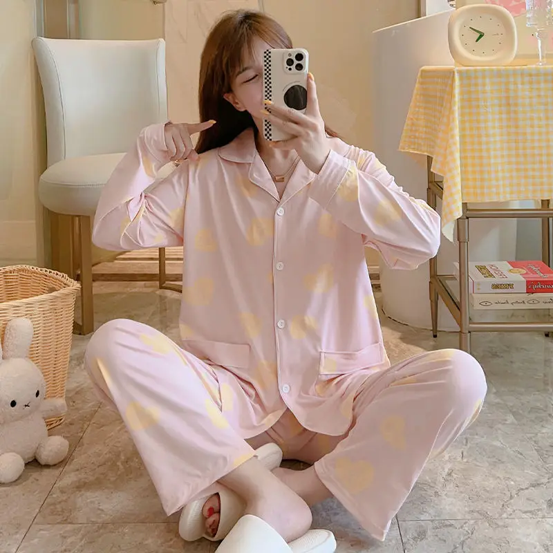 Simple Large Size Long-Sleeved Pajamas Set Spring Autumn New Women's Printing Lapel Homewear Suit 2024 Sweet Student Sleepwear 2021 spring and autumn european and american new women s lapel sexy tie knot large size printing long sleeved shirt suit
