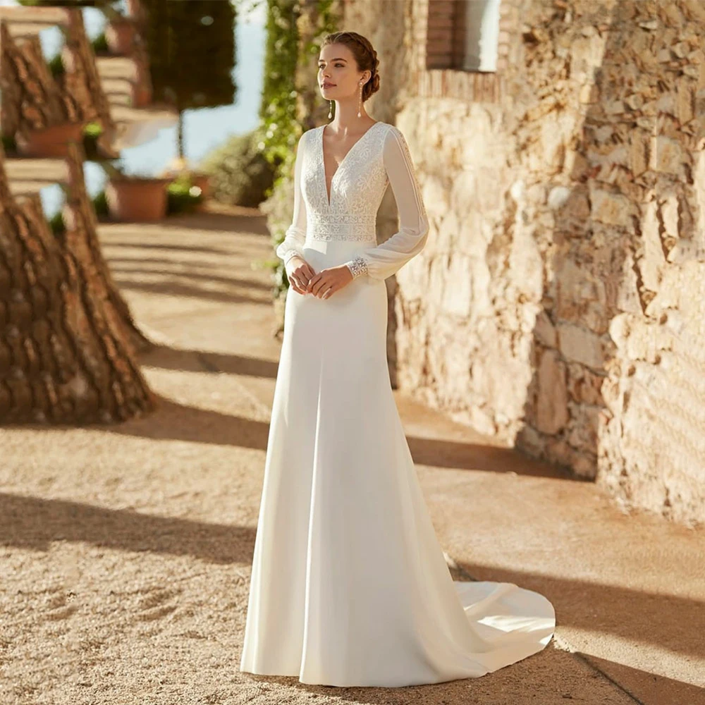 Mermaid Chiffon Bridal Dresses Lace Applique Long Sleeve Sexy V-Neck Off Back Princess Wedding Gowns Formal Party 2023 Vestidos 4