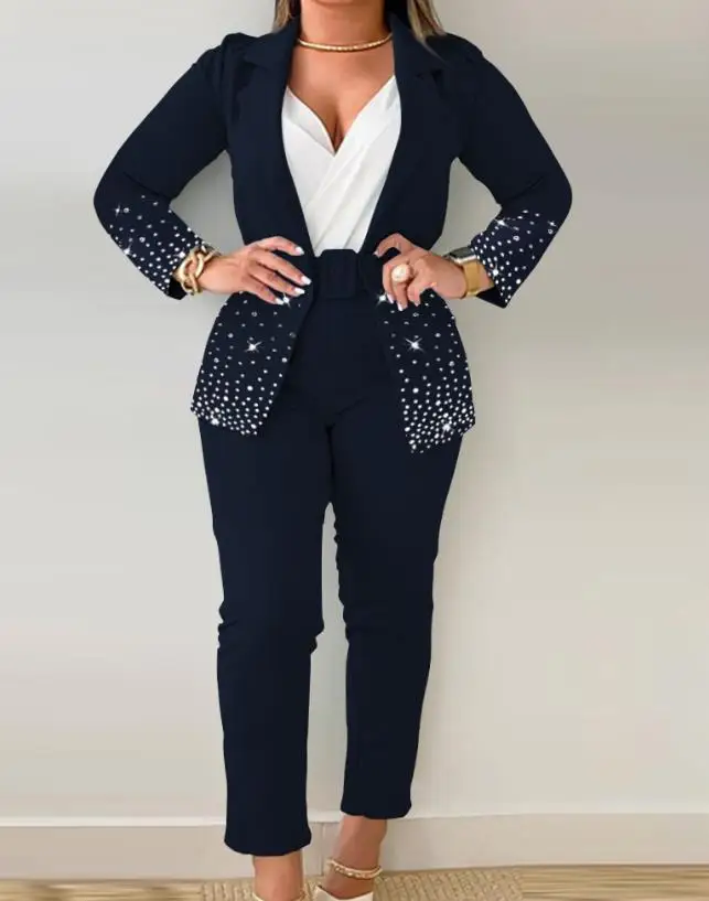Plus Size Split Collar Suit Coat and Ombre Pants Set 2023 New Fashion Hot Selling Women's Single Button Long Sleeve