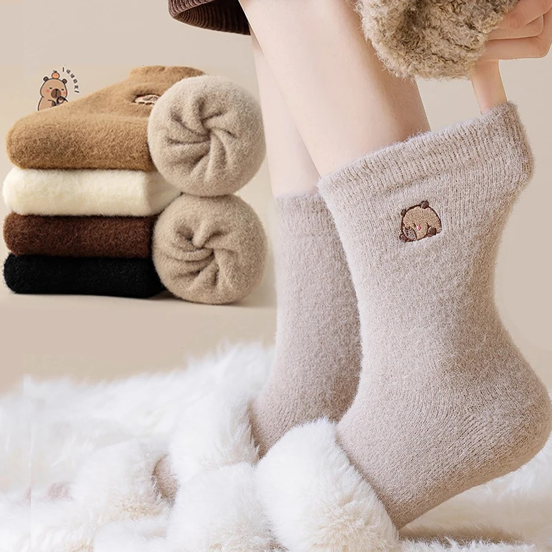 Cozy Hairy Mink Velvet Socks Women Autumn Winter Capybara Pattern Hosiery Thicken Warm Sleep Floor Home Fluffy Kawaii Sockings