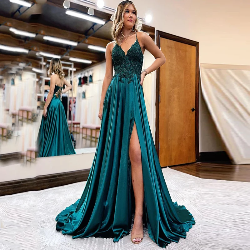 

VENUS Deep V-NECK Evening Dress For Women Spaghetti Strap Formal Dress A-Line Prom Gown Beading Vent Party Dress