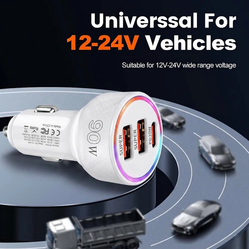 90W 고속 충전 차량용 어댑터, 화려한 LED 조명, 3포트 PD30W 타입 C 및 듀얼 QC3.0 USB A, 12-24V 자동차용 범용