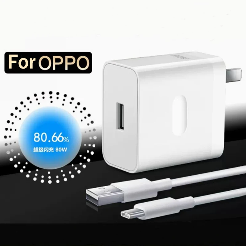 شاحن OPPO 80W SuperVOOC مع محول شحن سريع من النوع C للاتحاد الأوروبي/الولايات المتحدة مع كابل لأجهزة OPPO Find N2 N X4 X5 X6 X7 Reno 12 11 10X 9 8 R17 Pro