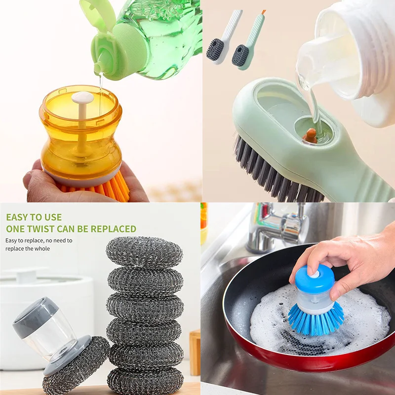 Press-type Automatic Liquid-filling Soap Dispensing Palm Brush Household  Stove Cleaning Brush PET Steel Ball Can Be Replaced