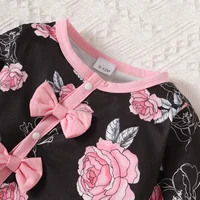 Baby Girl Floral Printed Button Up Long Sleeve Bodysuit With Bowknot, Cute Casual Jumpsuit 5