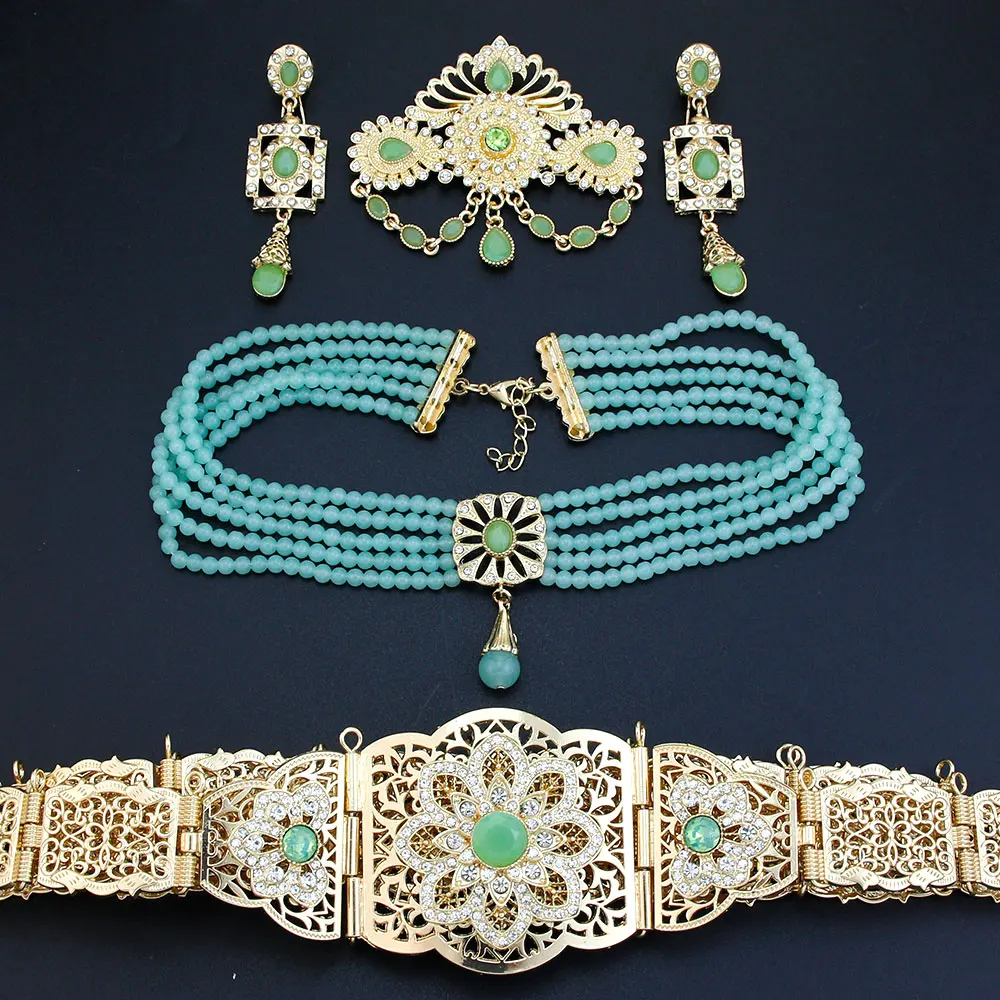 Sunspicems Arabic Bride Jewelry Sets For Women Gold Color Bead Pearl Choker Necklace Caftan Waist Belt Earring Morocco Brooch
