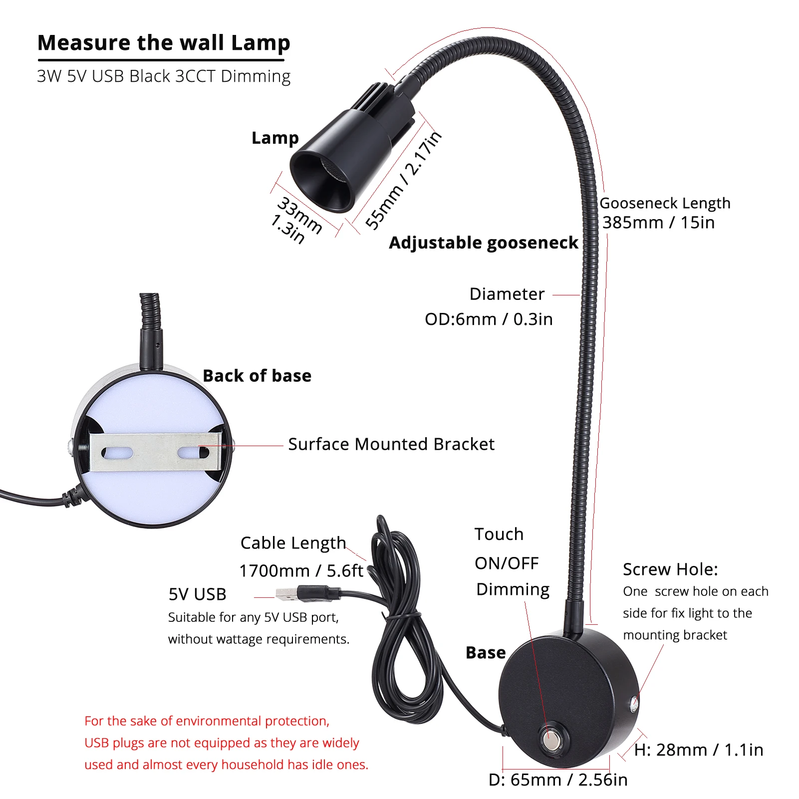 침대 소파 벽 헤드 보드 마운트 램프, 독서등 장식, 5V USB, 3 색, DIM CRI98 재봉틀, 수공 스포트라이트, 2 팩