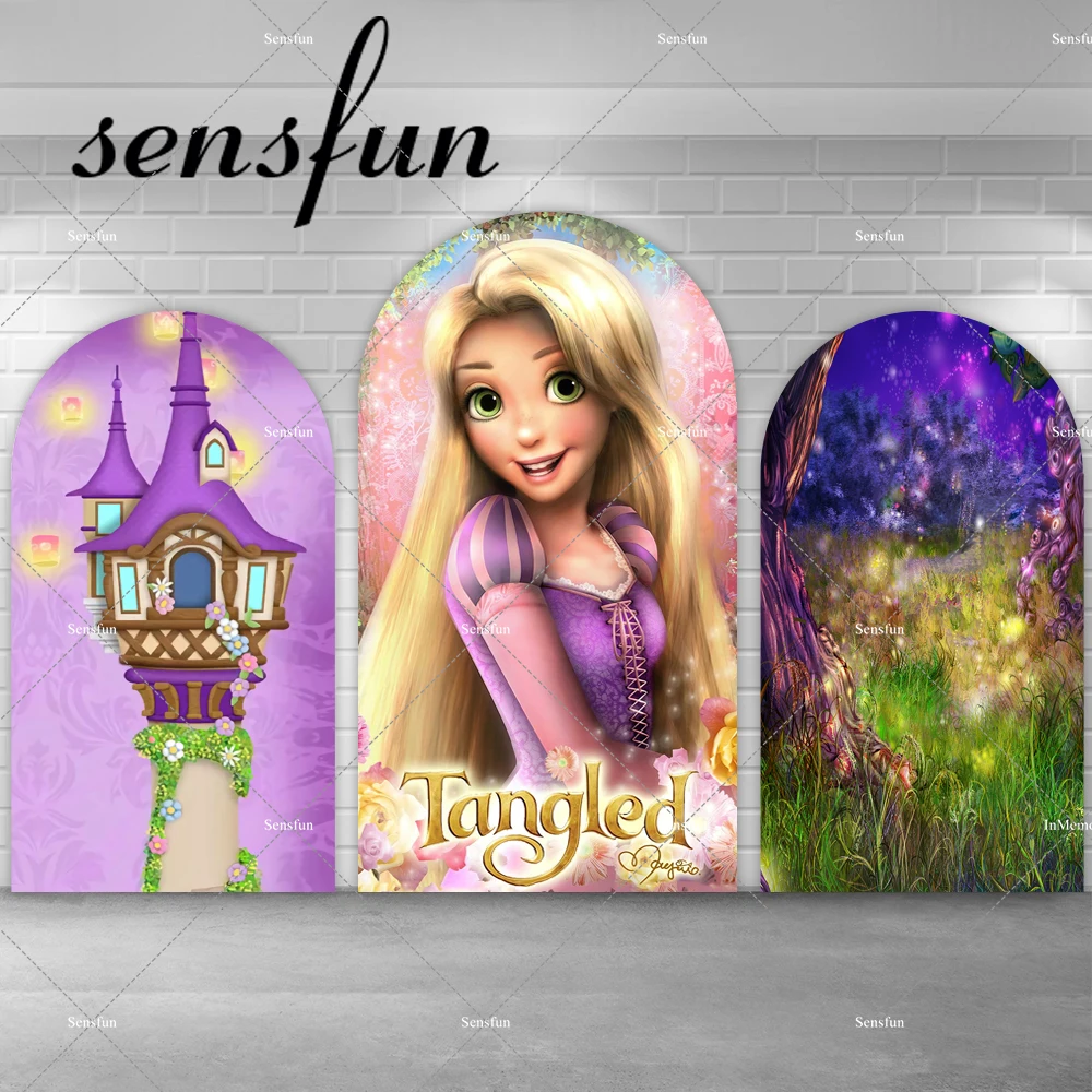 

Purple Tangled Rapunzel Princess Arch Backdrop Cover Girls Fairy Birthday Party Photography Background Chiara Wall Banner