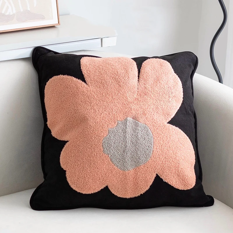 

2022 Pink Flora Embroidered Sofa Cushion Cover Decorative Pillow Case Modern Chic Black Velvet Square Cushion Chair Bedding