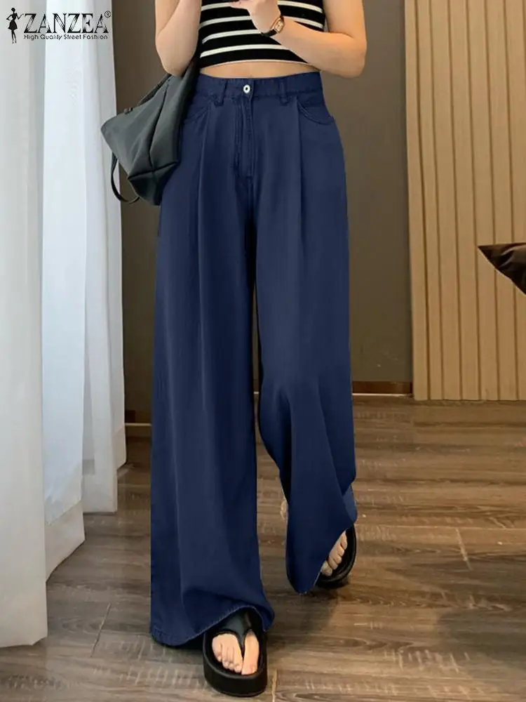 

Женские джинсы ZANZEA с широкими штанинами, модные длинные брюки с высокой талией, Летние Плиссированные Брюки с карманами, повседневные свободные джинсовые брюки для женщин, 2024
