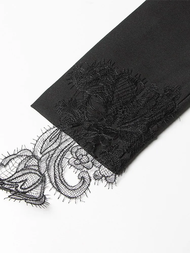 KBQ Spliced Lace Solid Elegant Blazer For Women Notched Collar Long Sleeve Patchwork Button Tunic Chic Blazers Female Clothing