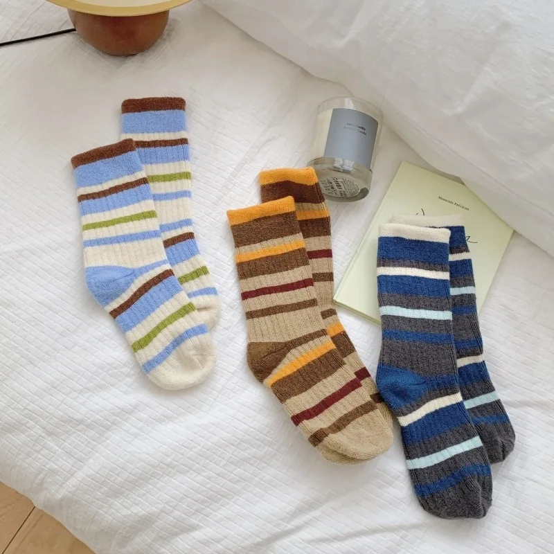 

Симпатичные женские носки из хлопка с принтом в полоску ретро утолщенные дышащие японские модные повседневные осенние зимние теплые забавные носки
