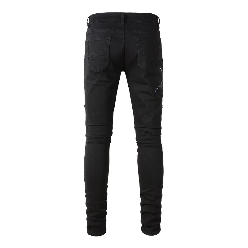 Men Snake Embroidery Jeans Skinny Tapered Stretch Denim Pants Streetwear Holes Ripped Leather Patch Patchwork Trousers Black 2