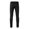 Men Snake Embroidery Jeans Skinny Tapered Stretch Denim Pants Streetwear Holes Ripped Leather Patch Patchwork Trousers Black 2