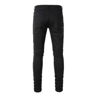Men Snake Embroidery Jeans Skinny Tapered Stretch Denim Pants Streetwear Holes Ripped Leather Patch Patchwork Trousers Black 2