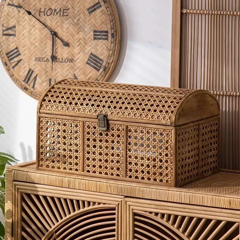 

Chinese Style Vintage Rattan Storage Basket Desktop Cosmetic Box Plastic Snack Bucket Miscellaneous Shelving Frame With Lid