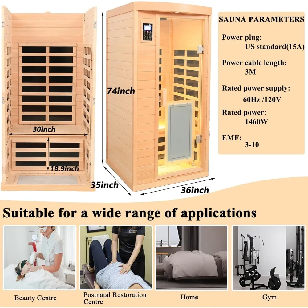 1 Person Low EMF Infrared Sauna, Hemlock Wooden Far Infrared Sauna for Home, 1460W with Bluetooth Speakers, LED Reading Lamp 5