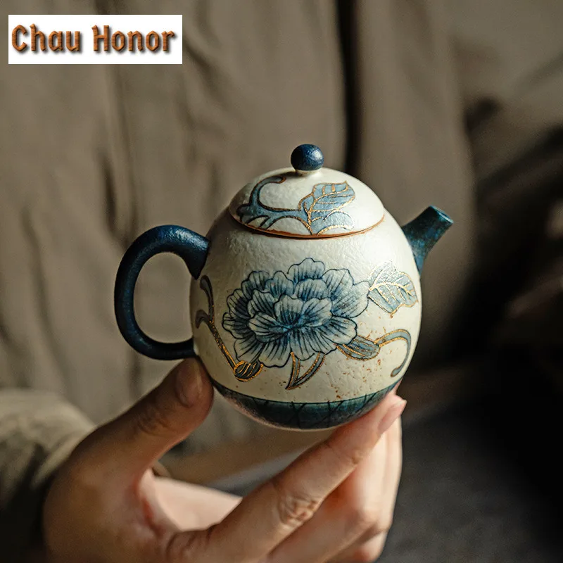 Blue And White Flint Red Travel Tea Set Kit Boutique Gold Drawing Peony Flower 1 Pot 1 Cup Tea Making Organizer Portable Bag