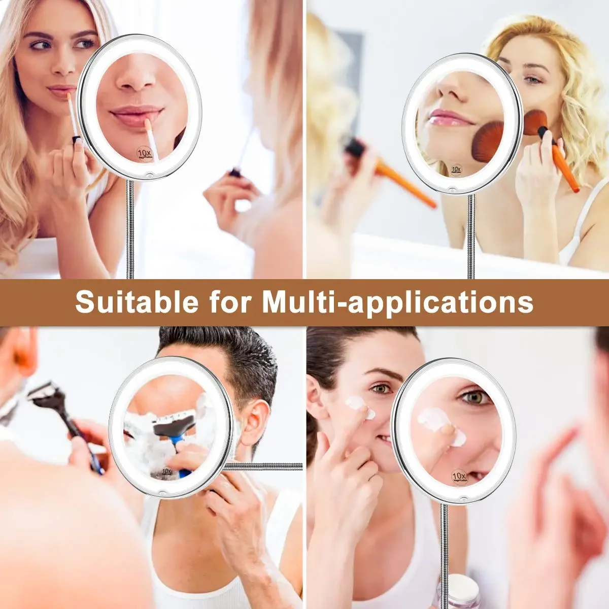 Flexible 10x Magnifying Vanity Mirror with LED Lighted Makeup Mirror Lighting Dressing Makeup Lamp Bottom Sucker 3