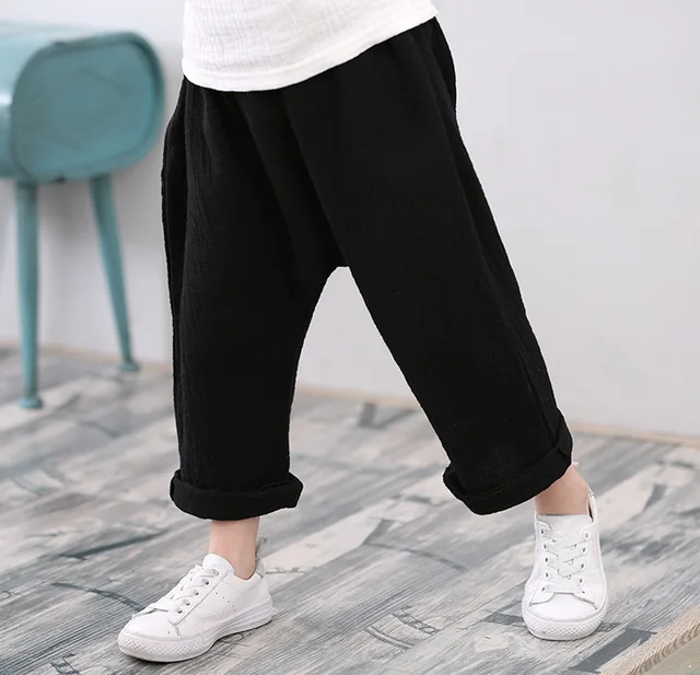 High Quality Breathable Comfort Linen Cotton Summer Fashion Children Pants Candy Color Girls Pants P6006-black