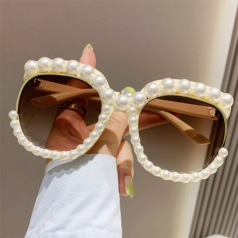 

Fashion Retro Round Imitation Pearl Frame Sunglasses UV400 Women Cat Eye Pink Eyewear Trendy Beach Party Sun Glasses Streetwear