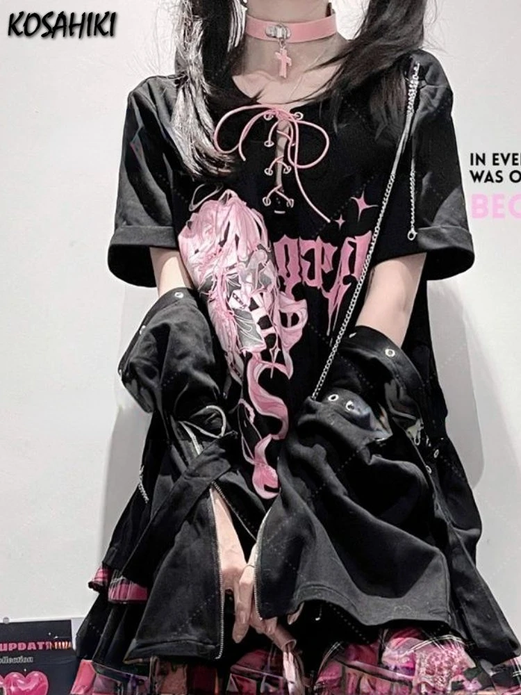 Women O Neck Bandage T-Shirt Gothic Cool Y2k Aesthetic Pullover