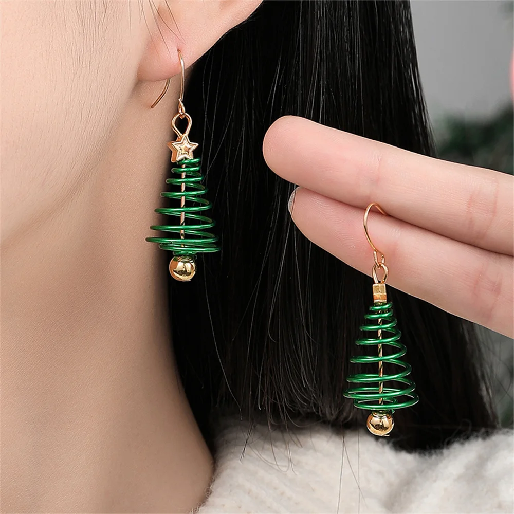 Christmas Tree Shaped Dangle Earrings For Women Star Pattern Piercing Jewelry Accessories New Year Gifts