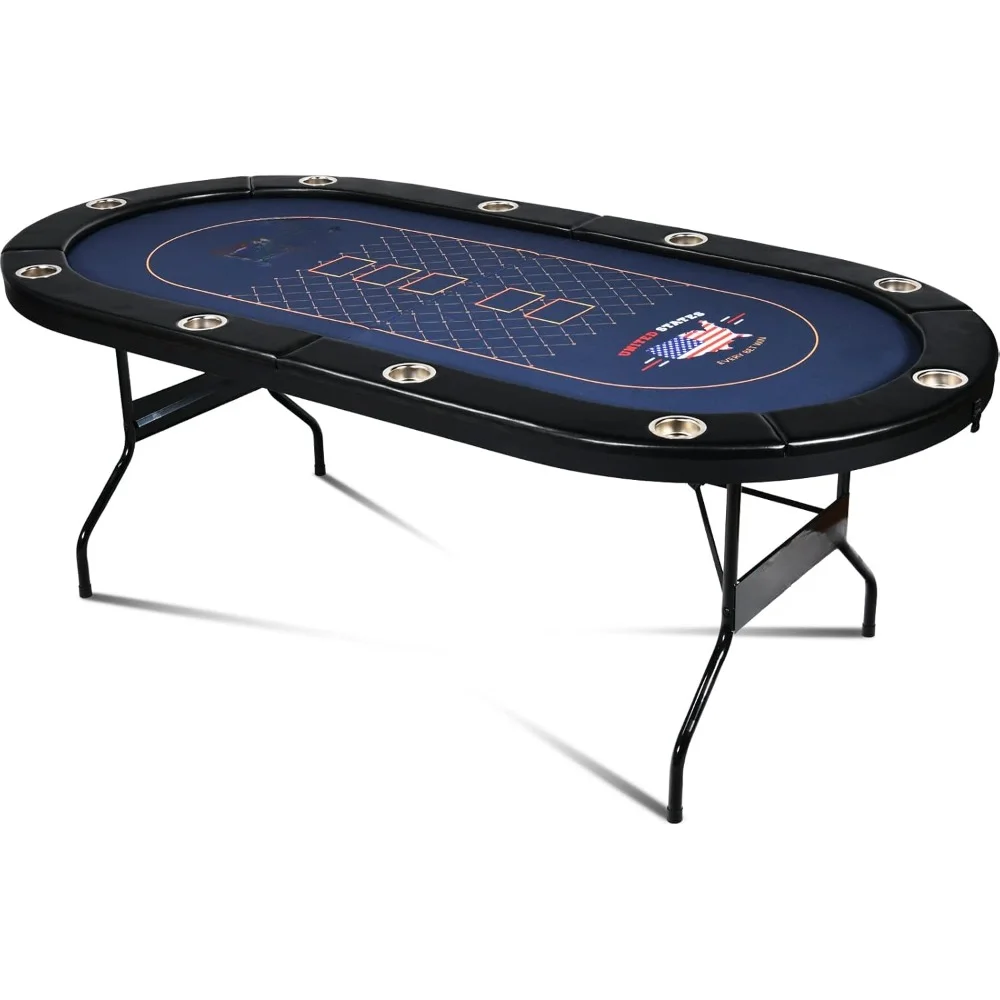 Poker Table Foldable for 10 Player, Folding Casino-Style Texas Hold'em w/Faux Leather Padded Rails & Stainless Steel Cup Holders