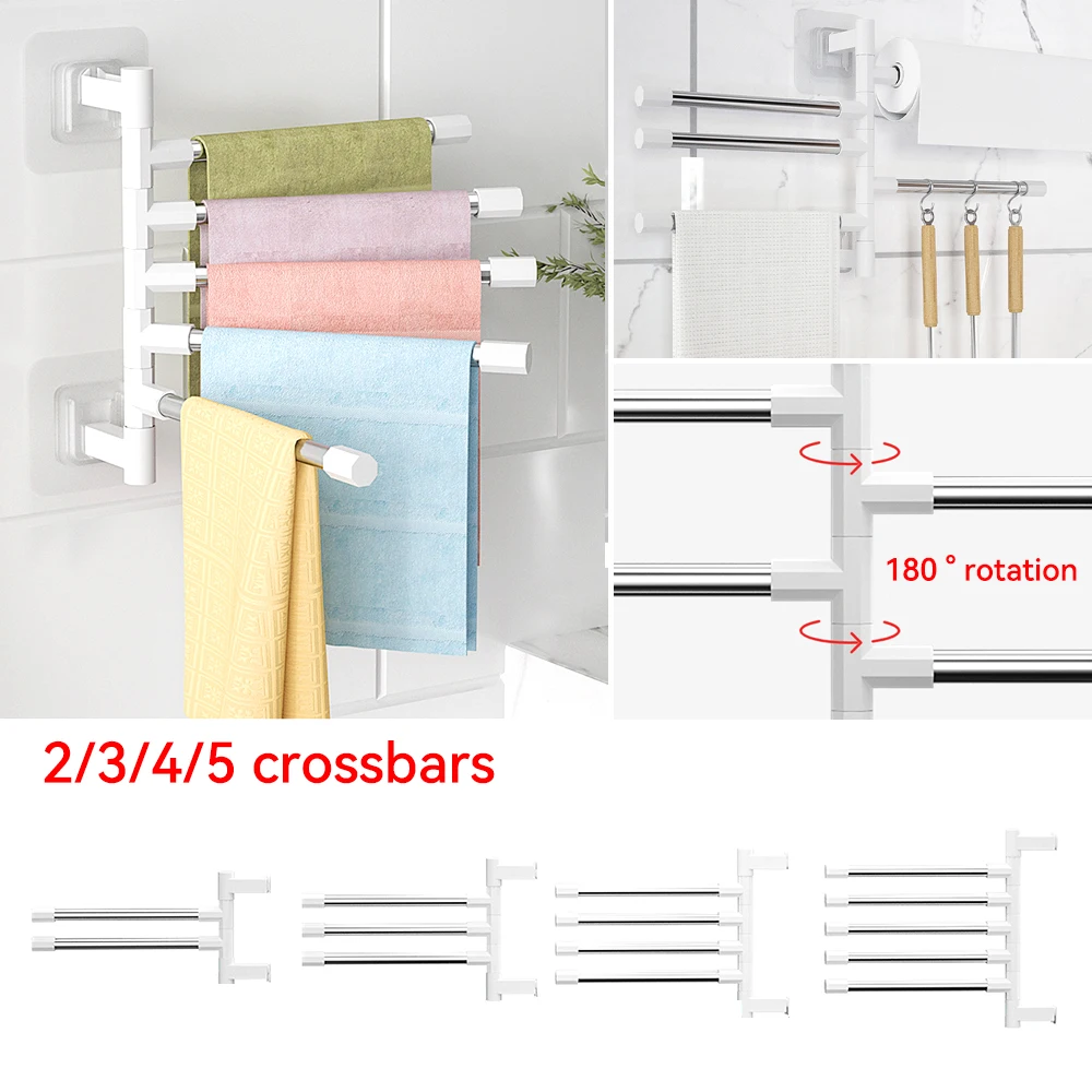 Bathroom Towel Rack Rotatable Towel Holder Space Aluminum 2/3/4/5-Bar Hanger Kitchen Shelf Paper Hanging Wall Mounted