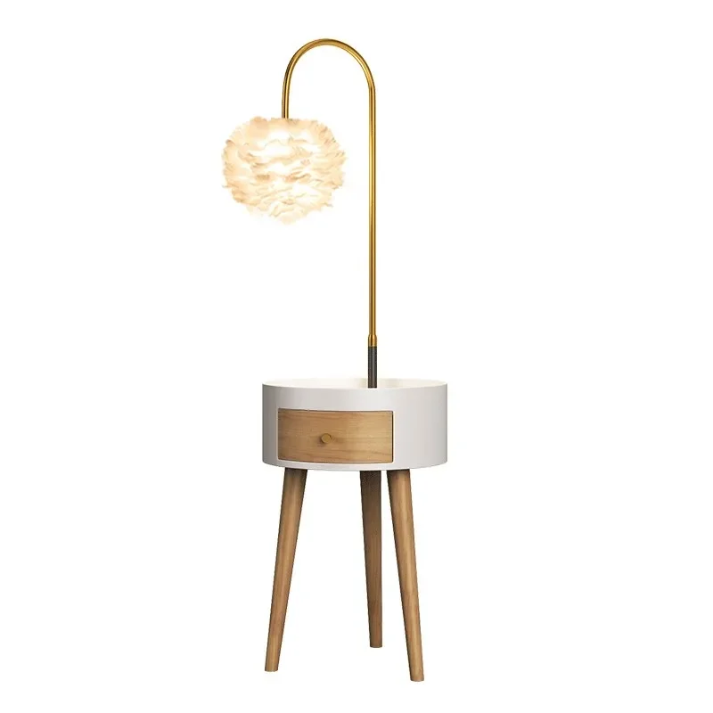 

Feather Floor Lamp Living Room Bedroom Bedside Table Lamp Integrated Storage Rack Tea Table Lamp
