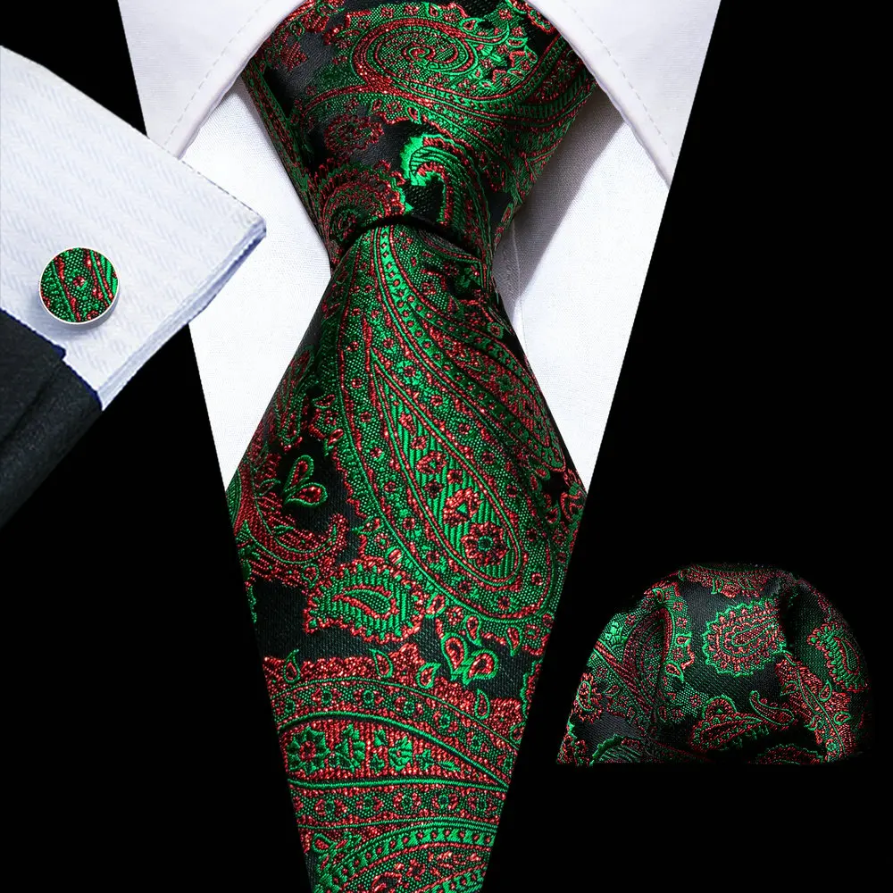

Black Fashion Green Paisley Men Silk Necktie Brooches Men Tie Handkerchief Cufflinks Sets Men Gift Barry.Wang Designer FA-5832