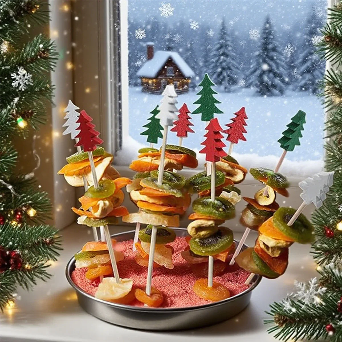 50pcs-Christmas Themed Fruit Fork Disposable Bamboo Stick Set