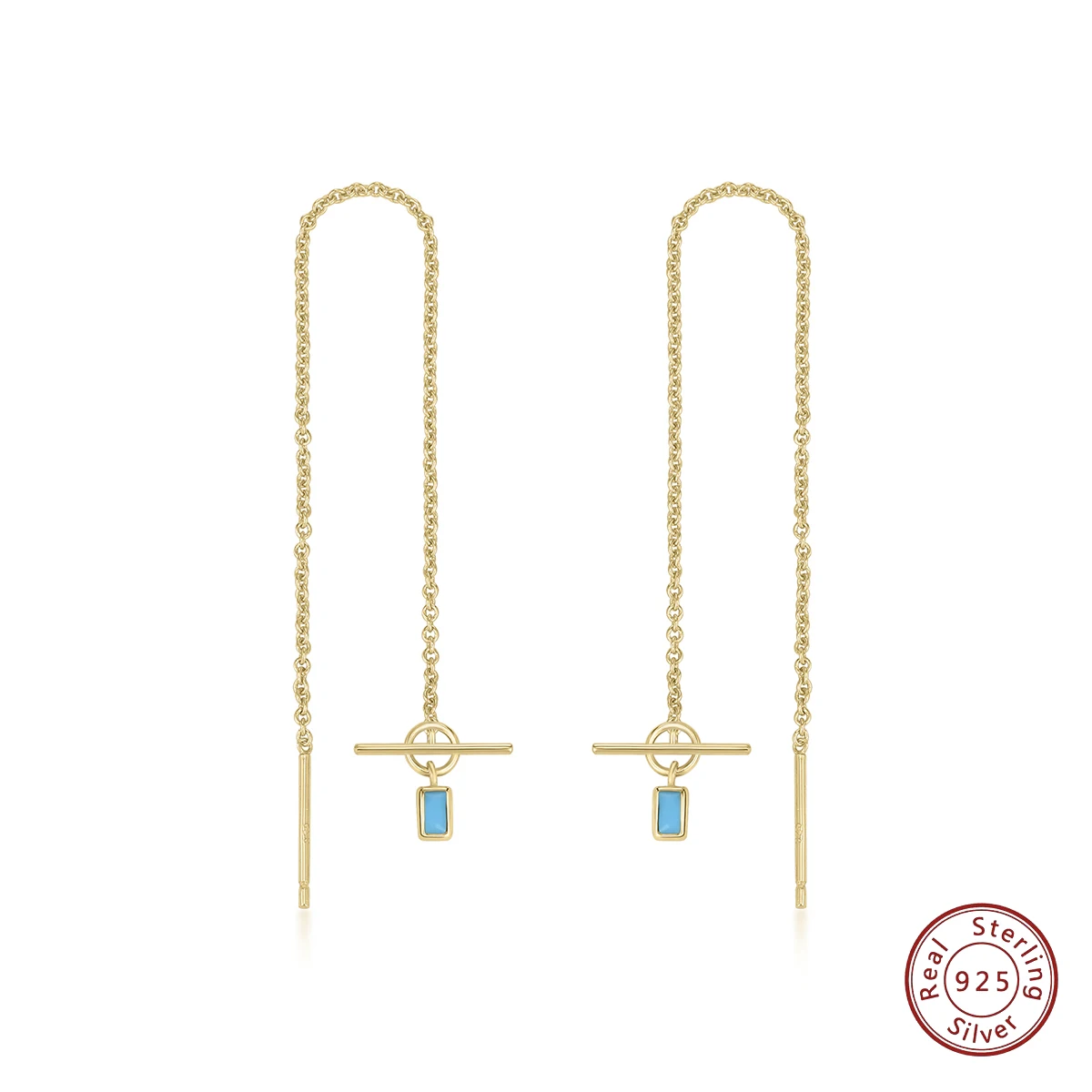 

Fine Jewelry Dainty S925 Sterling Silver 14k Gold Plated Earrings Long Tassel Bar Blue Turquoise Baguette Threader Earrings