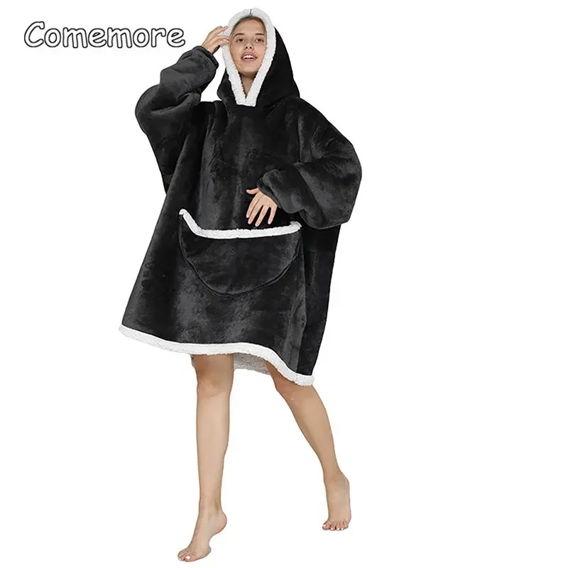 Wearable Hoodie Blanket For Adults & Teens - Oversized Flannel Snuggie With Hood & Pocket, One Size, Black - View #3