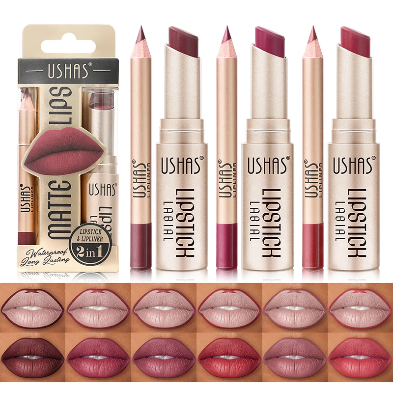 Matte Lipstick 2 In 1 Lipstick Set Makeup & Lip Liner Pencil Waterproof Lasting Cosmetics Nude Brown Contour Tinted Lip Balm Kit