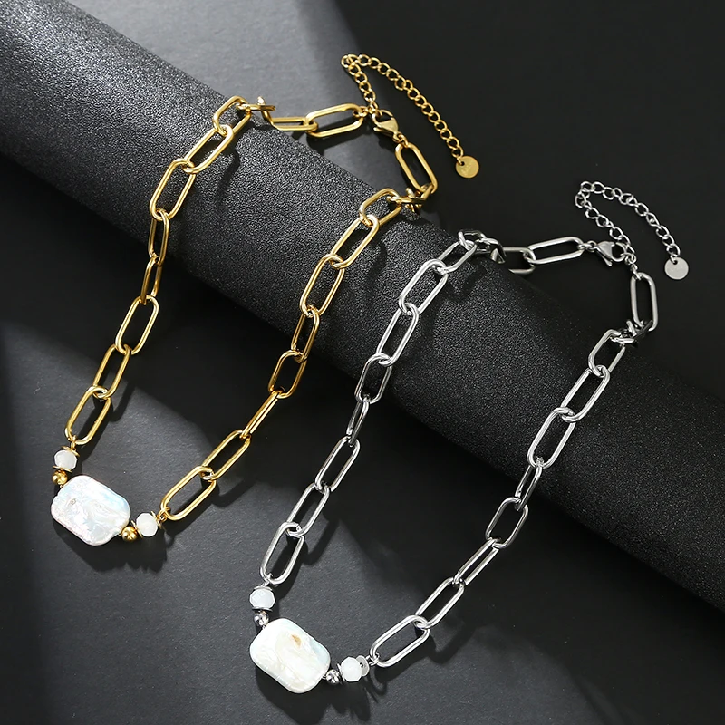 

Fashion Jewelry Women's High Quality Waterproof 18k Gold Plated Rectangular Baroque Freshwater Pearl Stainless Steel Necklace