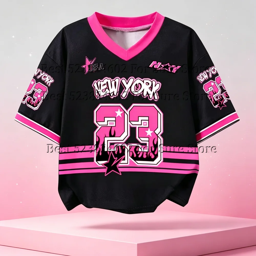 Vintage Rosa-Schwarzes Kontrastfarben-Jersey Damen New York 23 Grafik V-Ausschnitt T-Shirt Y2K Hip-Hop Streetstyle Lässiges Sommer Crop Top