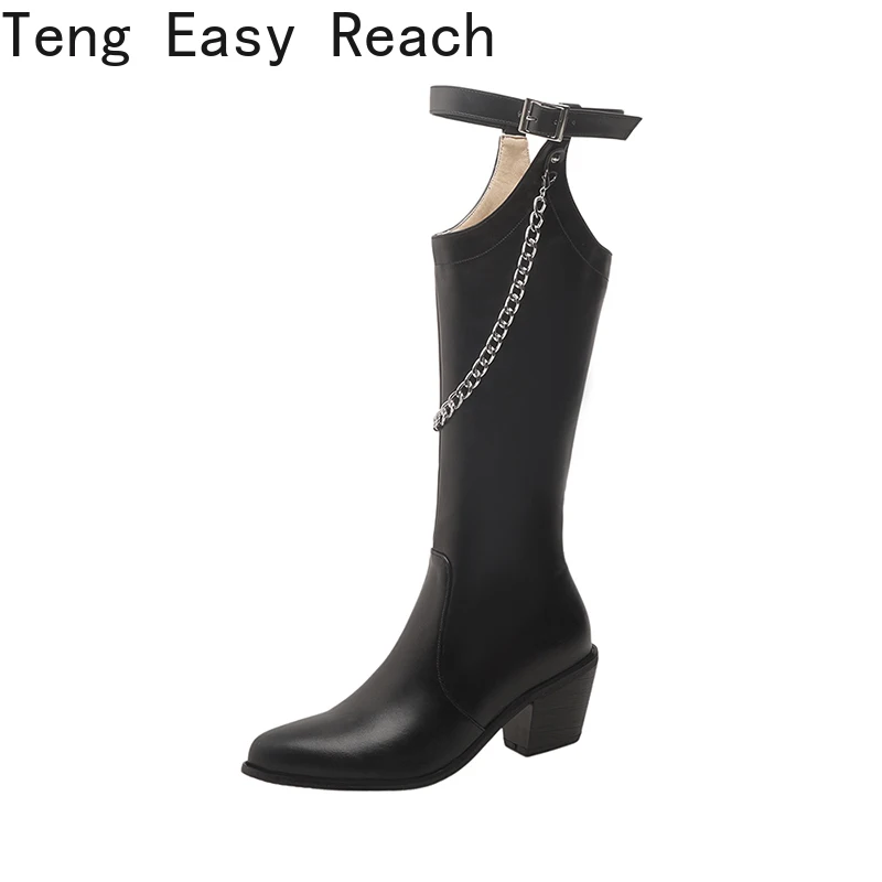 2022 Fashion Knee High Boots New Hollow Punk Style Thick Heel Zipper  Metal Chain Decoration Knee Boots Women's Shoes Size 34-43