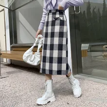 

Woolen Plaid Midi Skirts Women New Mid Length High Waist A-line Skirt 2022 Autumn Winter Fashiona Split Sexy Skirt SXHBSQ724