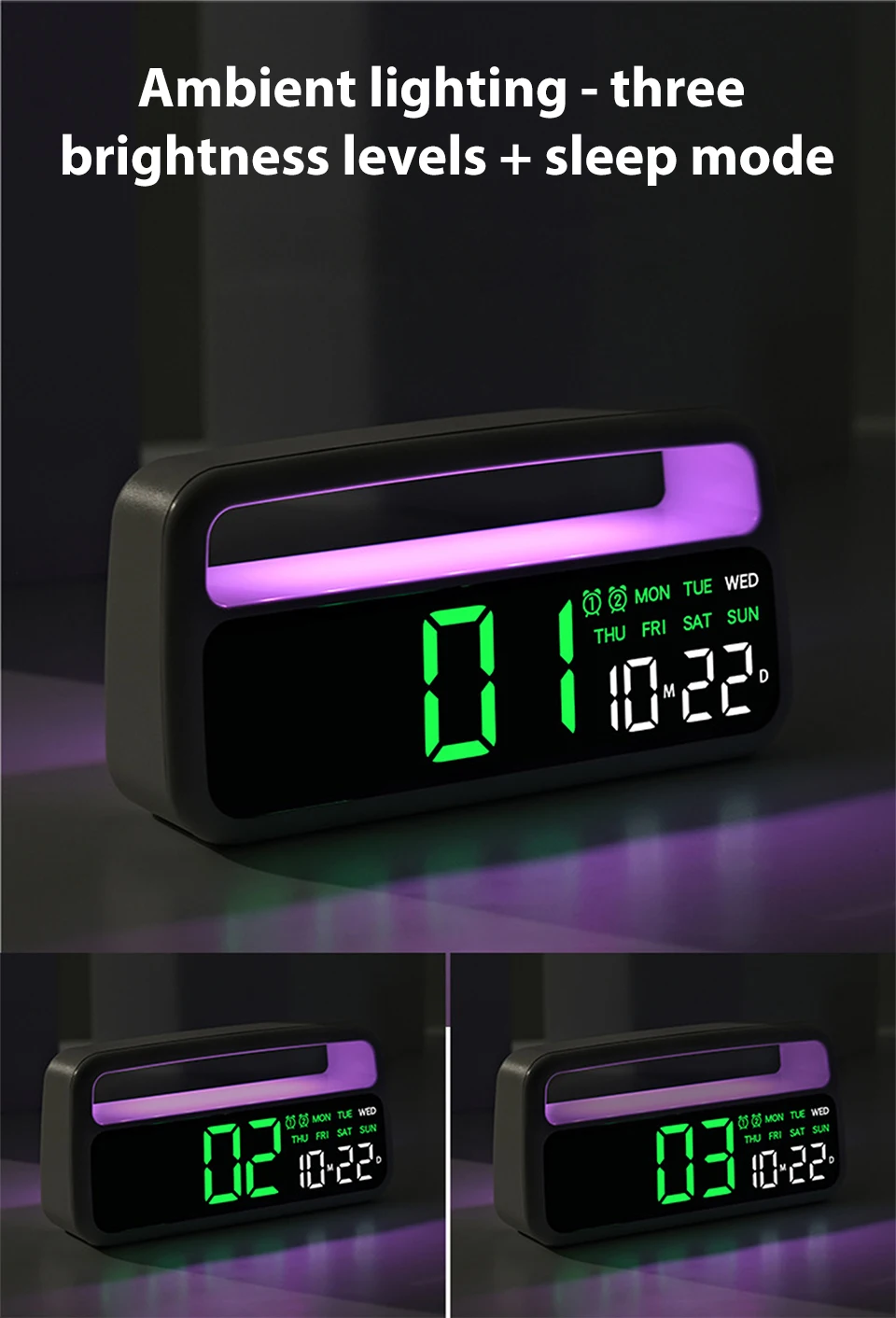 Description Picture 6 of itemDigital Alarm Clock with Ambient-Light Date Dual Alarms Electronic Table Clock Brightness Adjustment Sleep Mode Home LED Clocks
