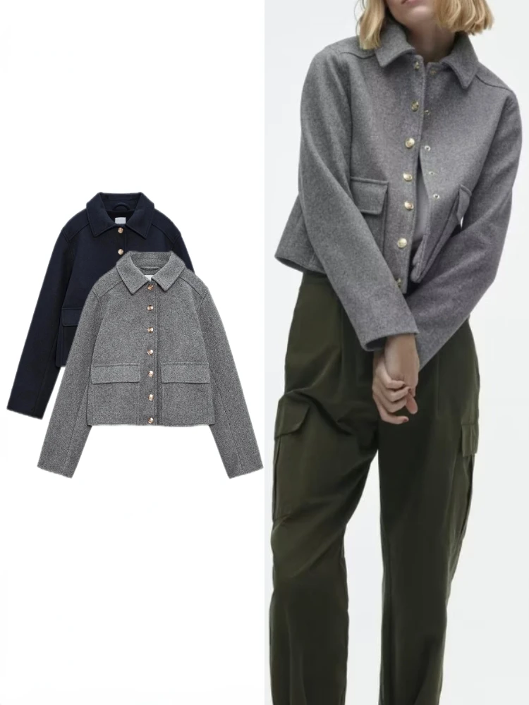 316873-adc6ef.jpg S3932302d35054a4abdb98aa3fea15cbcA Women's Autumn New Fashion Gold Button Woollen Jacket Coat Lapel Long-sleeved Pocket Loose Female Short Outwear Chic Tops Mallzona