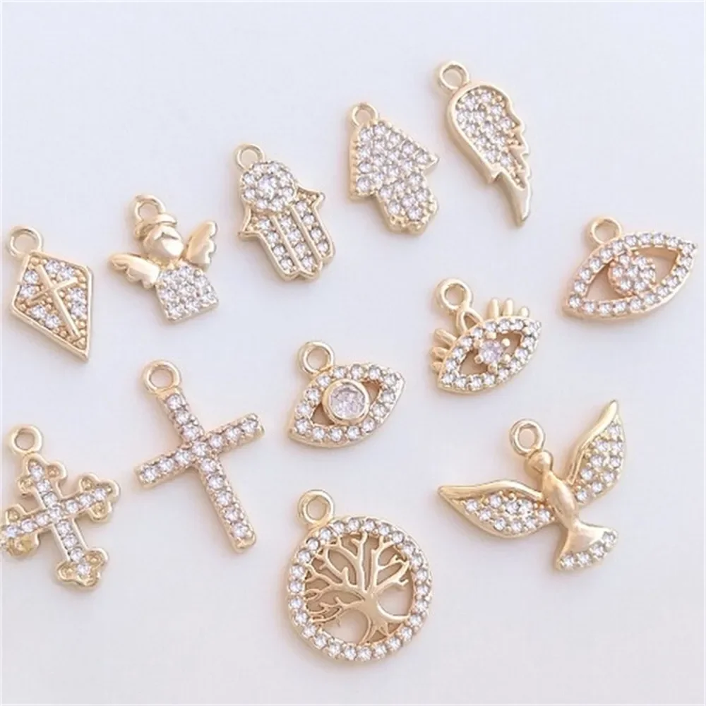 Micro Set Zircone Small Charm Series 14K Gold Solid Angel Eye Palm Cross Wing Ornament Charms Ciondolo K463