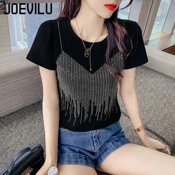 Diamond Short Sleeve T Shirt Female Slim Fit Fake Two Shiny Round Neck Top Summer Casual Aesthetic Y2k Tee Korean Kawaii Clothes 1