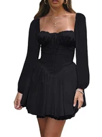 Womens Square Neck Ruffles Mini Dress with Lace-Up Corsets Belt Flared Long Sleeve Vintage Floral A-Line Swing Dresses - Image 3