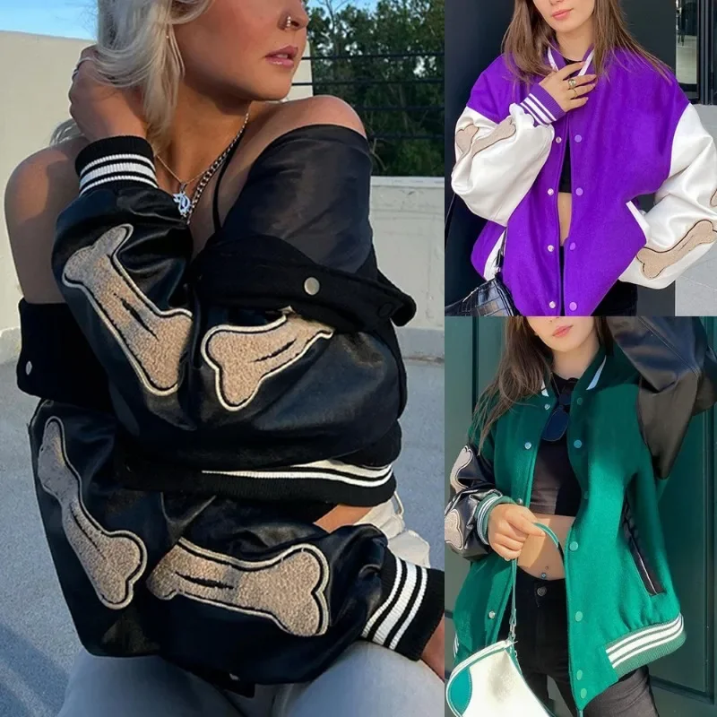Women's Baseball Jacket Leather Sleeve Patchwork Hip-hop Bone Embroidery Autumn and Winter New Thickened Jacket 2024 New YDL38