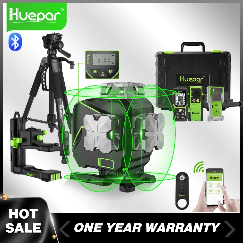 Huepar 16 Linee 4D Linee Set Di Livelli Laser Autolivellanti 4X360 ° Schermo Lcd A Linee Incrociate Telecomando Bluetooth Per Piastrellatura Del Pavim