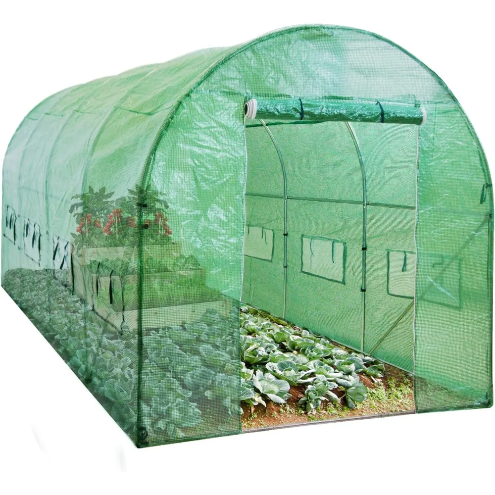 

Теплица, Тепличный туннель с полиэтиленовой крышкой и 8 роликовыми окнами, дверь на молнии, зеленый дом 15x7 футов