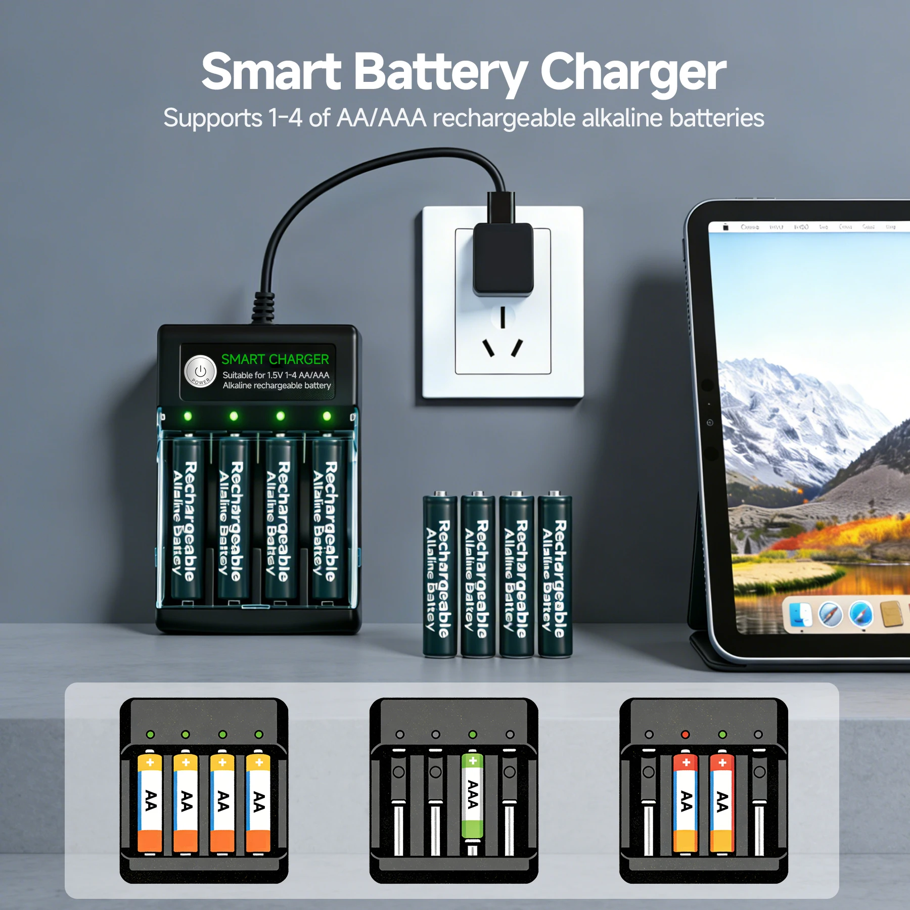 Advanced 4-Slot Smart Battery Charger with Independent Safe Charging and USB-A Connectivity