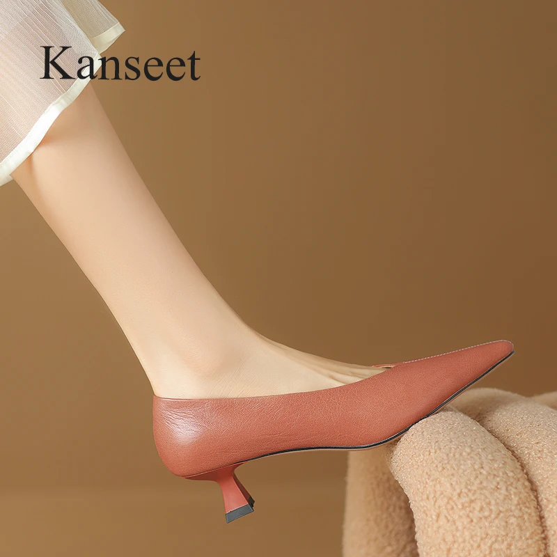 

Kanseet Pumps For Women 2024 Spring New Party Dress Office Elegant Pointed Toe Comfortable Real Leather Mid Heels Lady Footwear