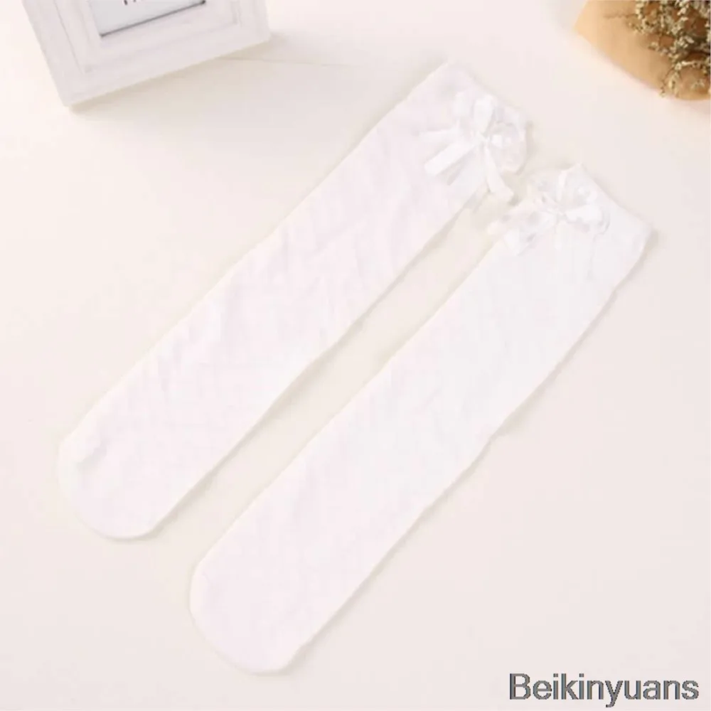 New Japanese style girls over the knee leg warmers mesh anti-mosquito bow tube children knee high leg warmers socks